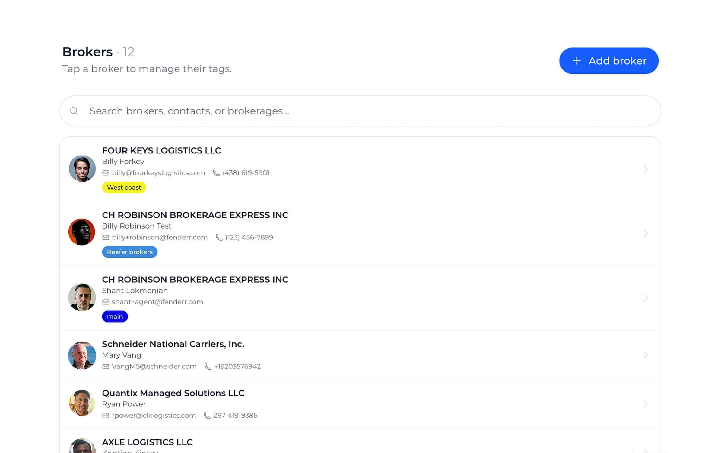 Brokers tab with FMCSA broker list and tags