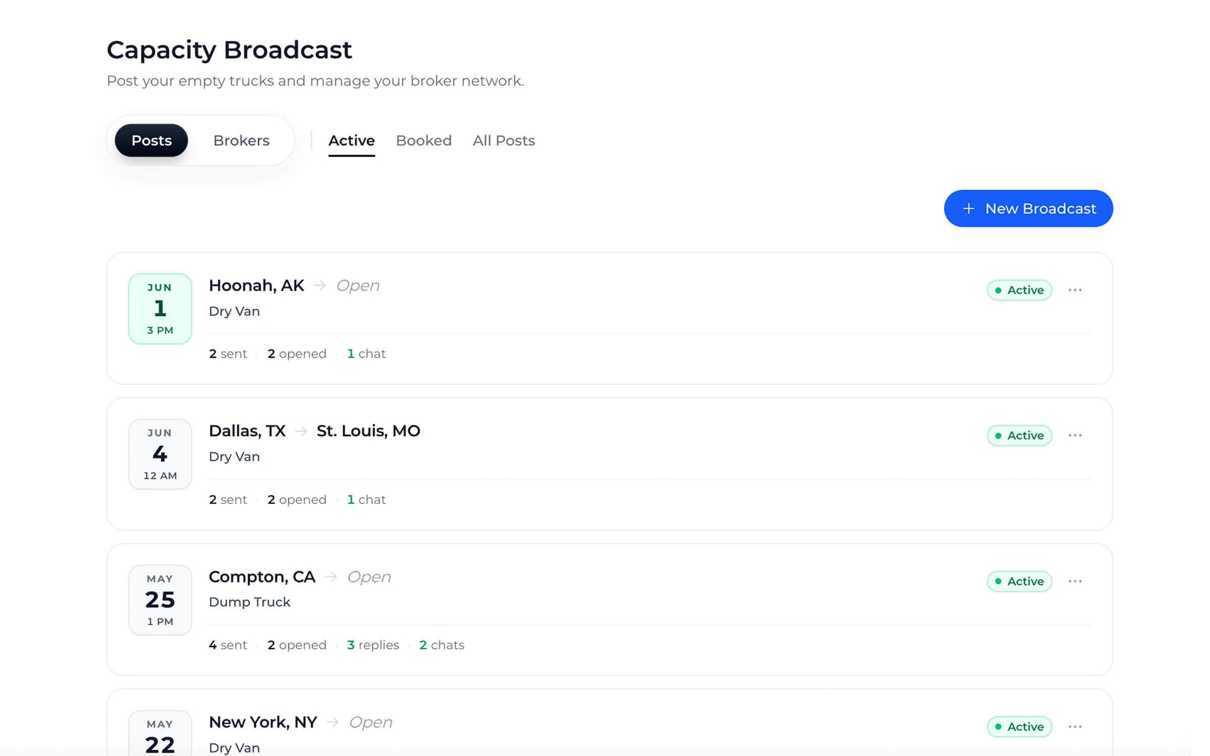 Posts tab showing each broadcast's status and reach counts