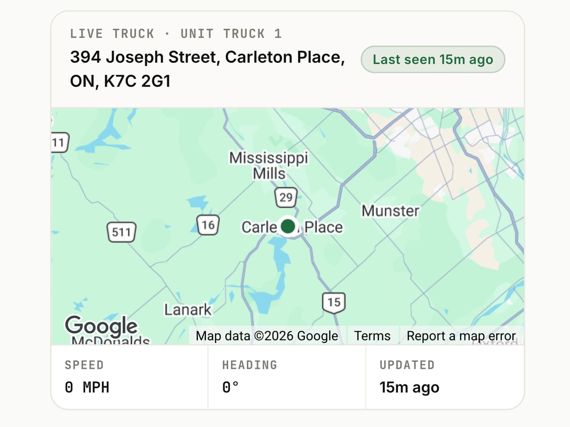 Public share page showing a truck's last-known GPS location on a map