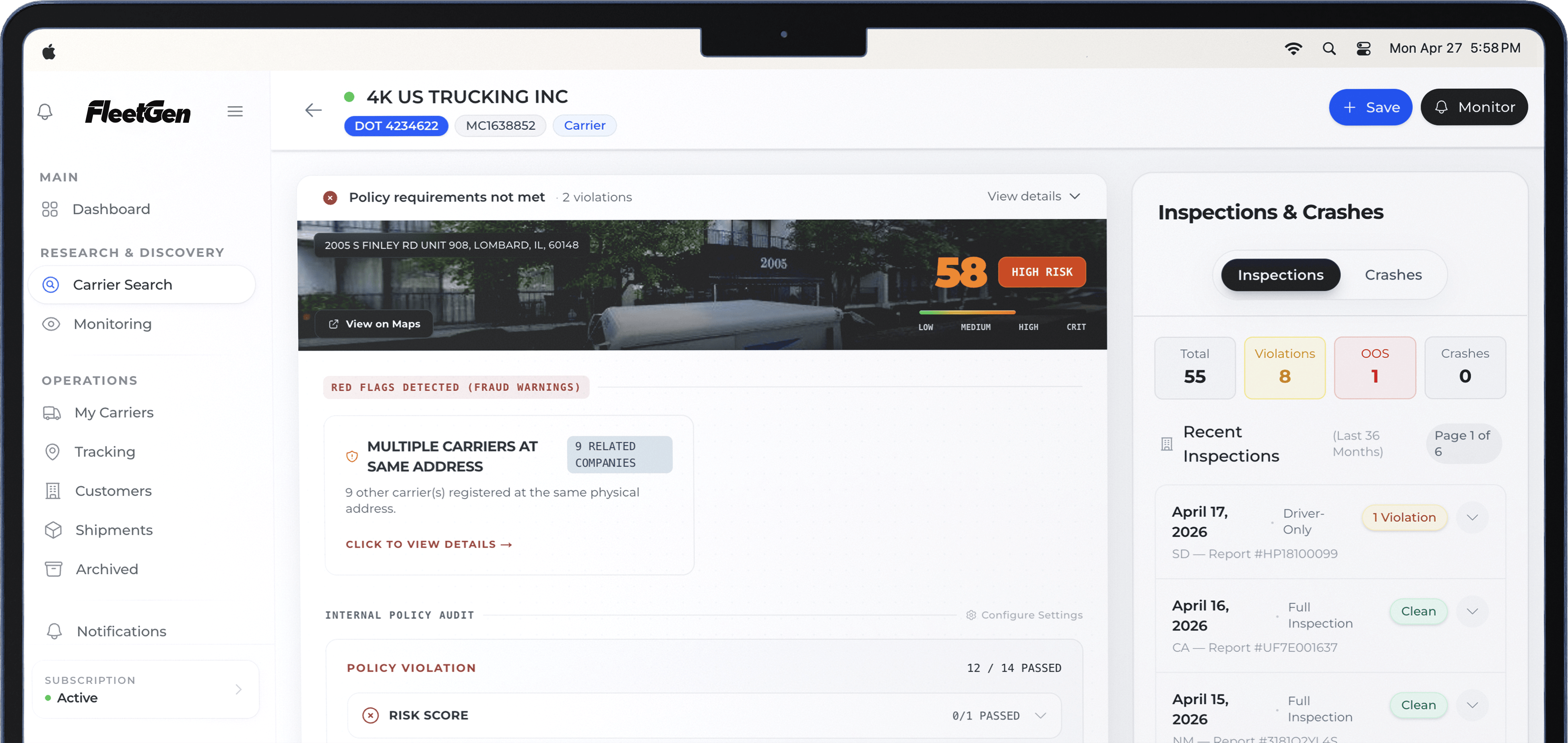 FleetGen platform dashboard showing carrier verification and tracking